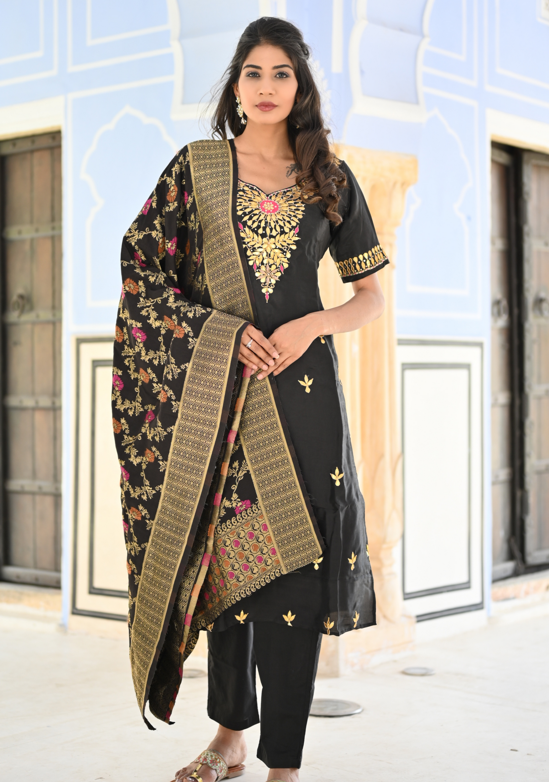 BLACK VELVET GOTAPATTI SILK SUIT SET