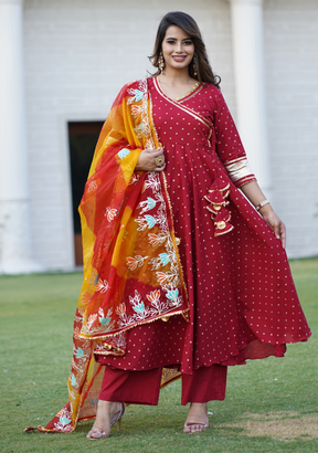 CHERRY MAROON HANDBLOCK GOTAPATTI ANARKALI SET