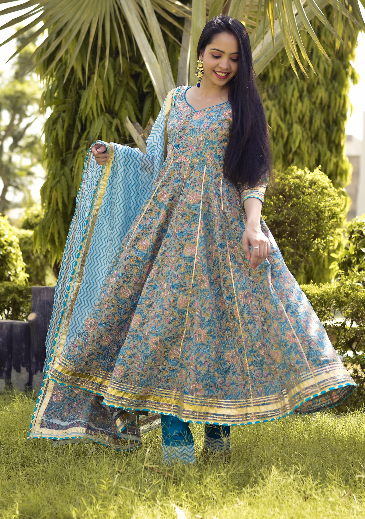 MAYA BLUE HANDBLOCK GOTA SHARARA SET