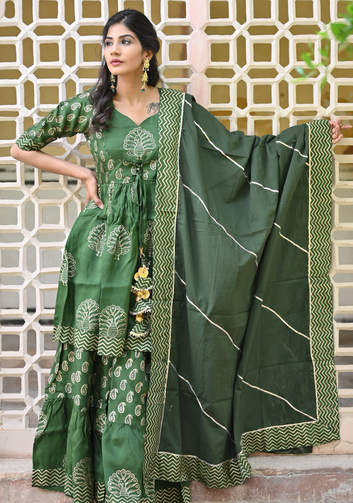 MARINE GREEN HANDBLOCK GOTA SHARARA SET