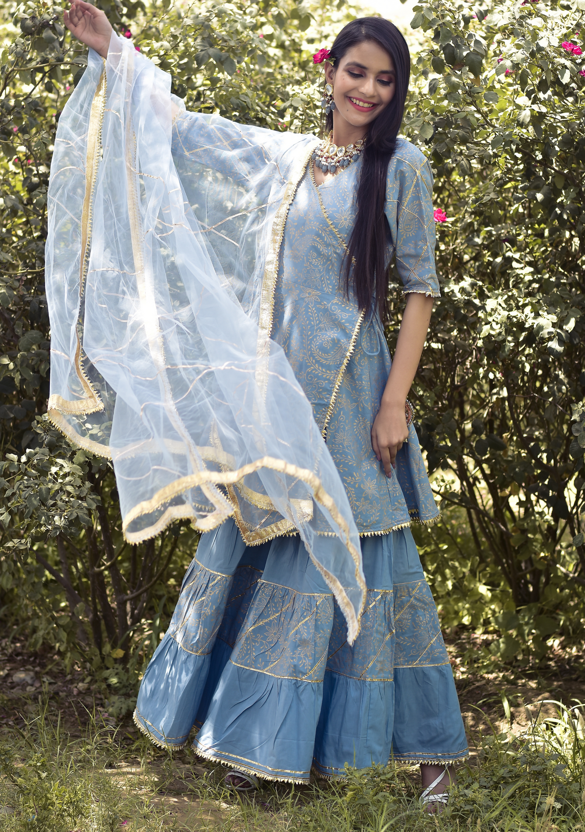 CANDY BLUE HANDBLOCK GOTA SHARARA SET