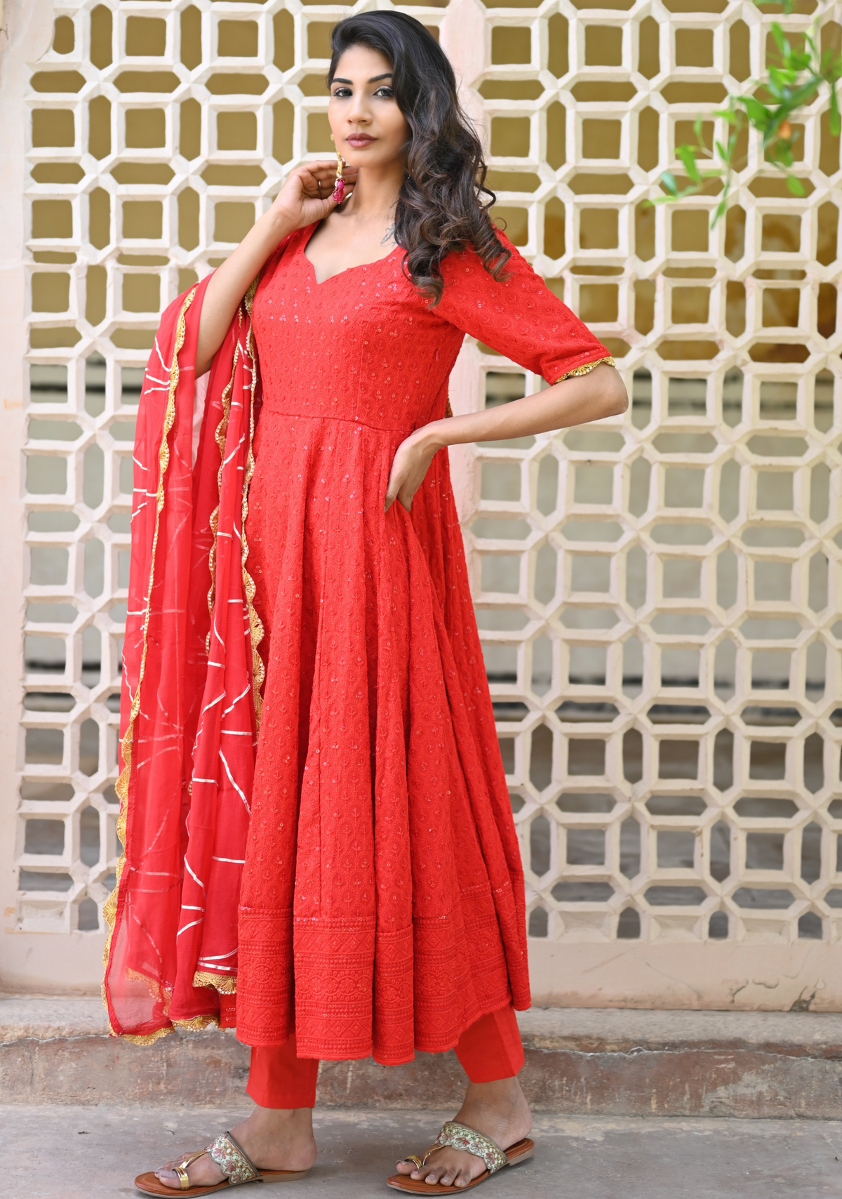 RED FEATHER EMBROIDERED ANARKALI SUIT SET