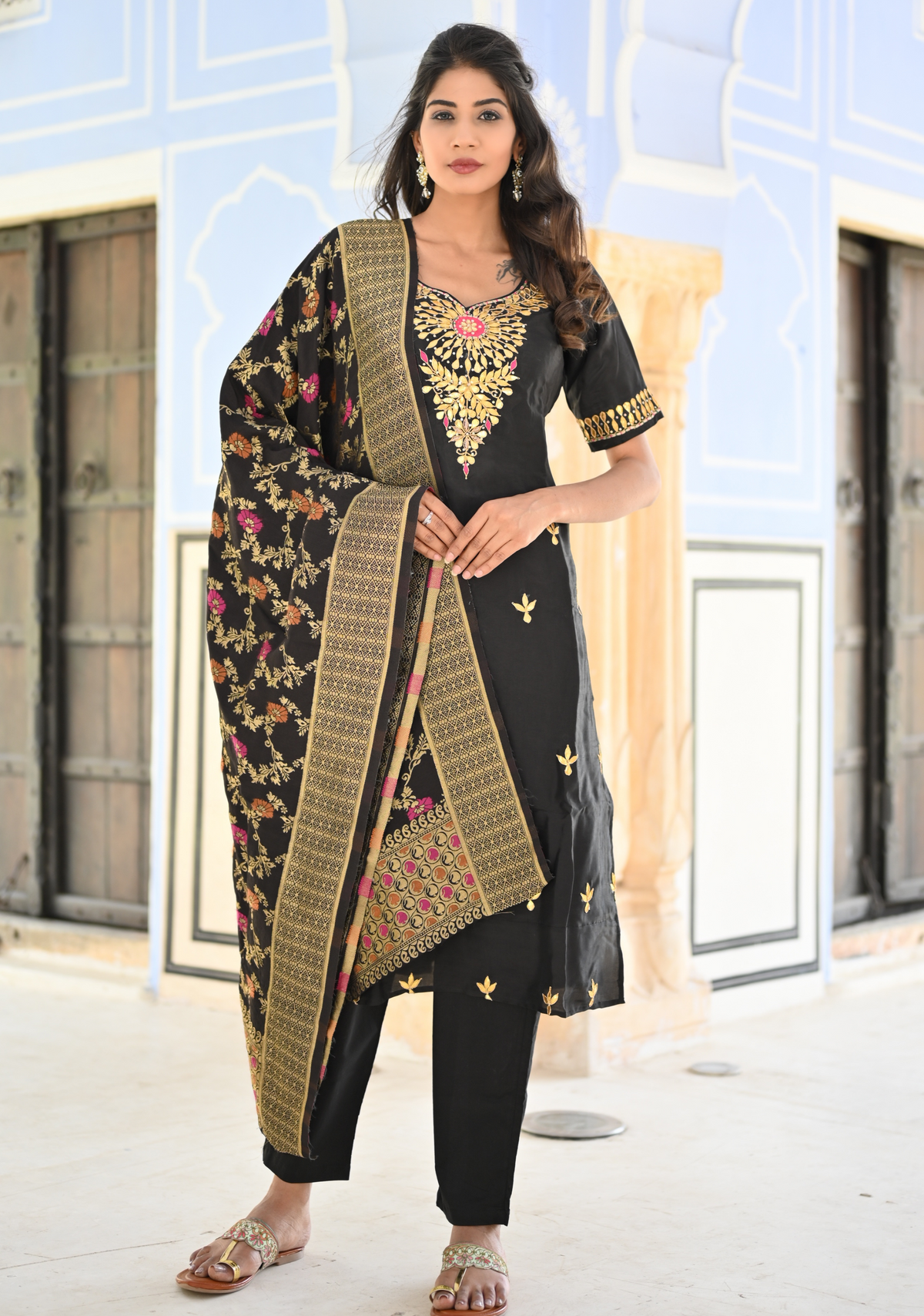 BLACK VELVET GOTAPATTI SILK SUIT SET