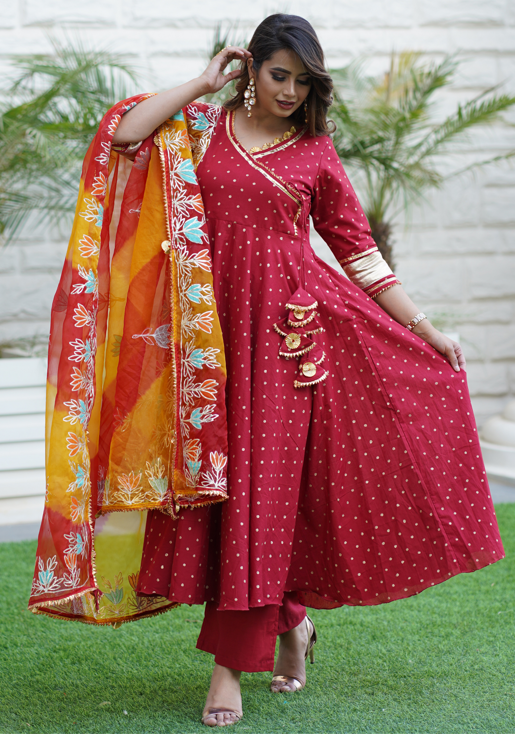 CHERRY MAROON HANDBLOCK GOTAPATTI ANARKALI SET