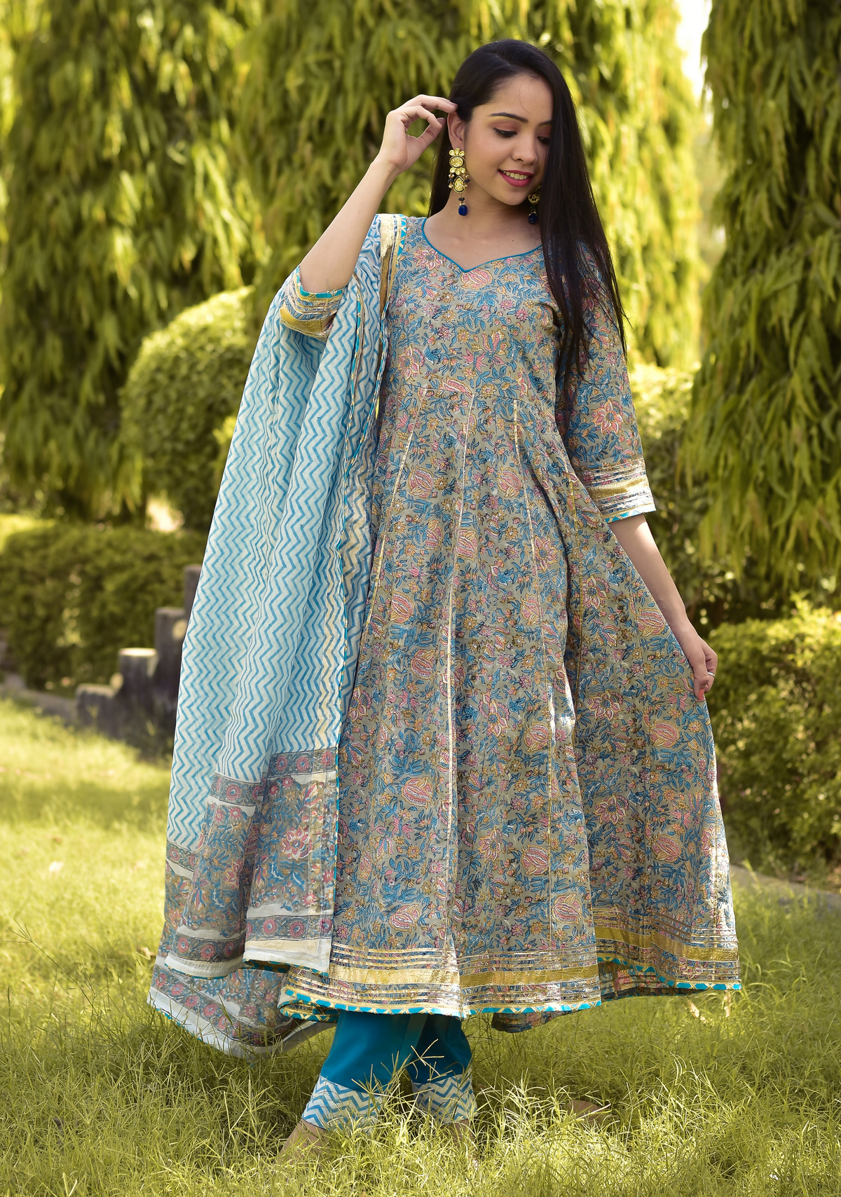 MAYA BLUE HANDBLOCK GOTA SHARARA SET