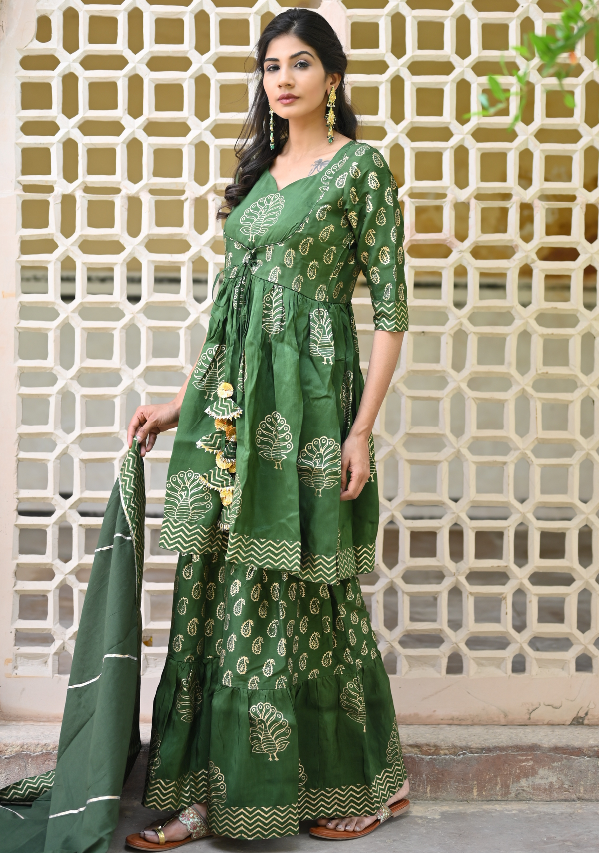 MARINE GREEN HANDBLOCK GOTA SHARARA SET