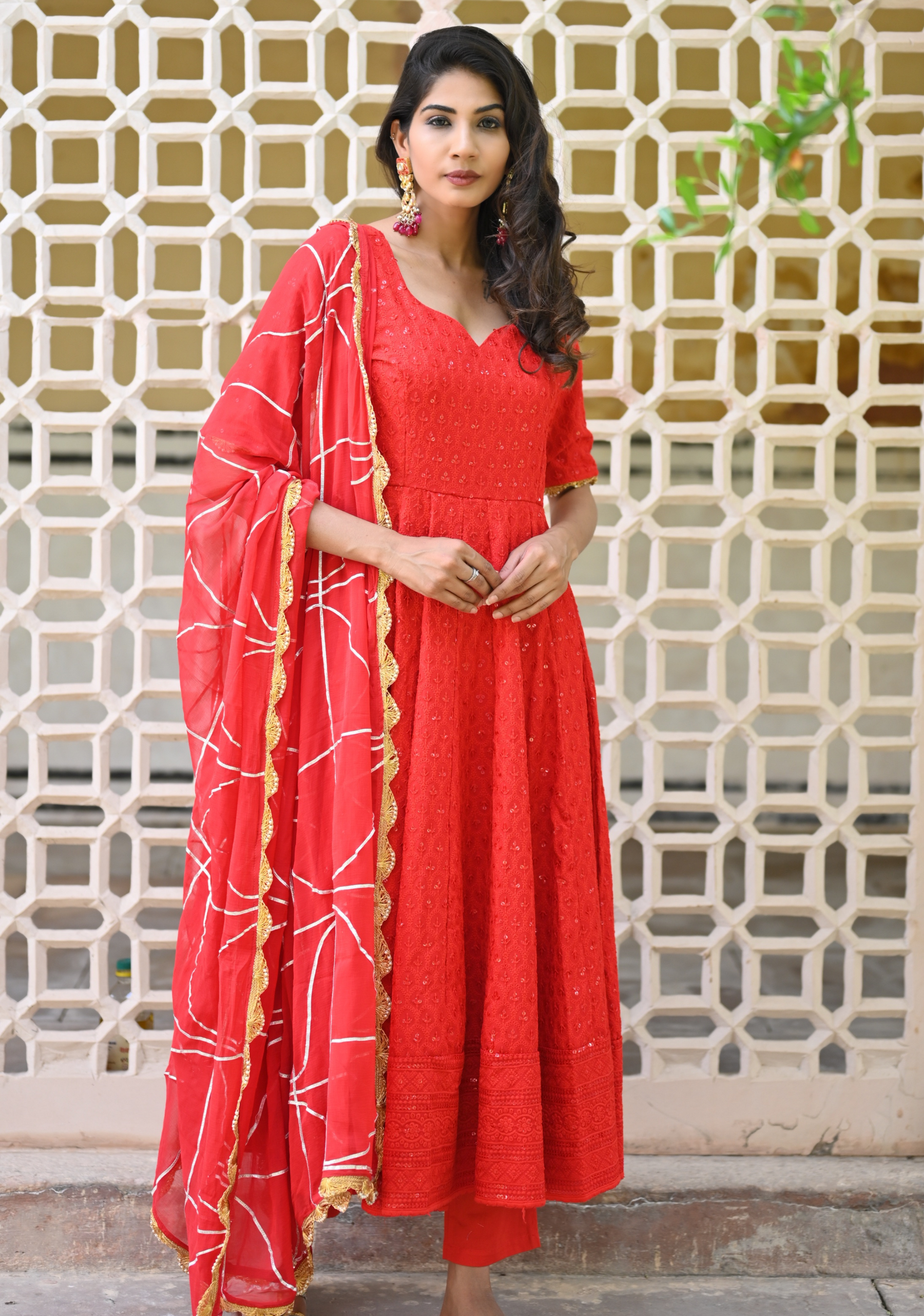 RED FEATHER EMBROIDERED ANARKALI SUIT SET