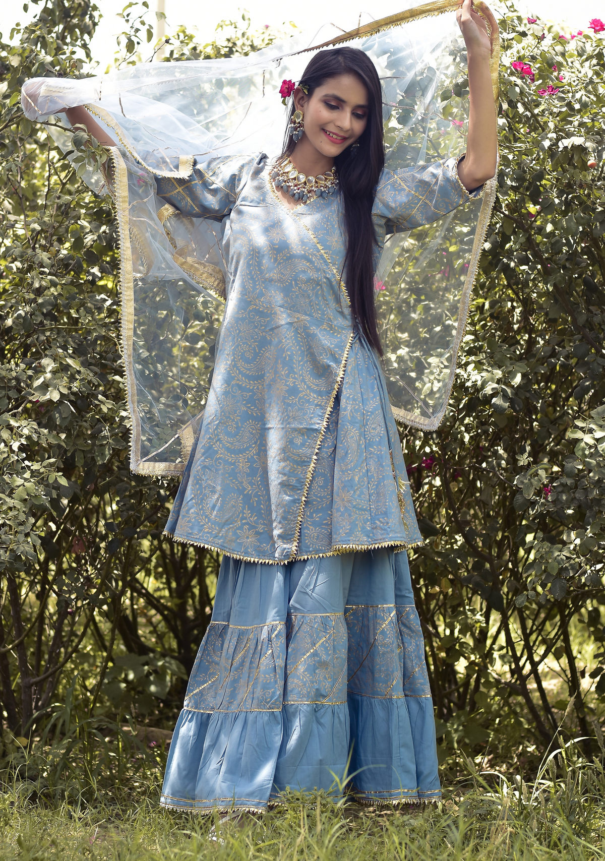 CANDY BLUE HANDBLOCK GOTA SHARARA SET