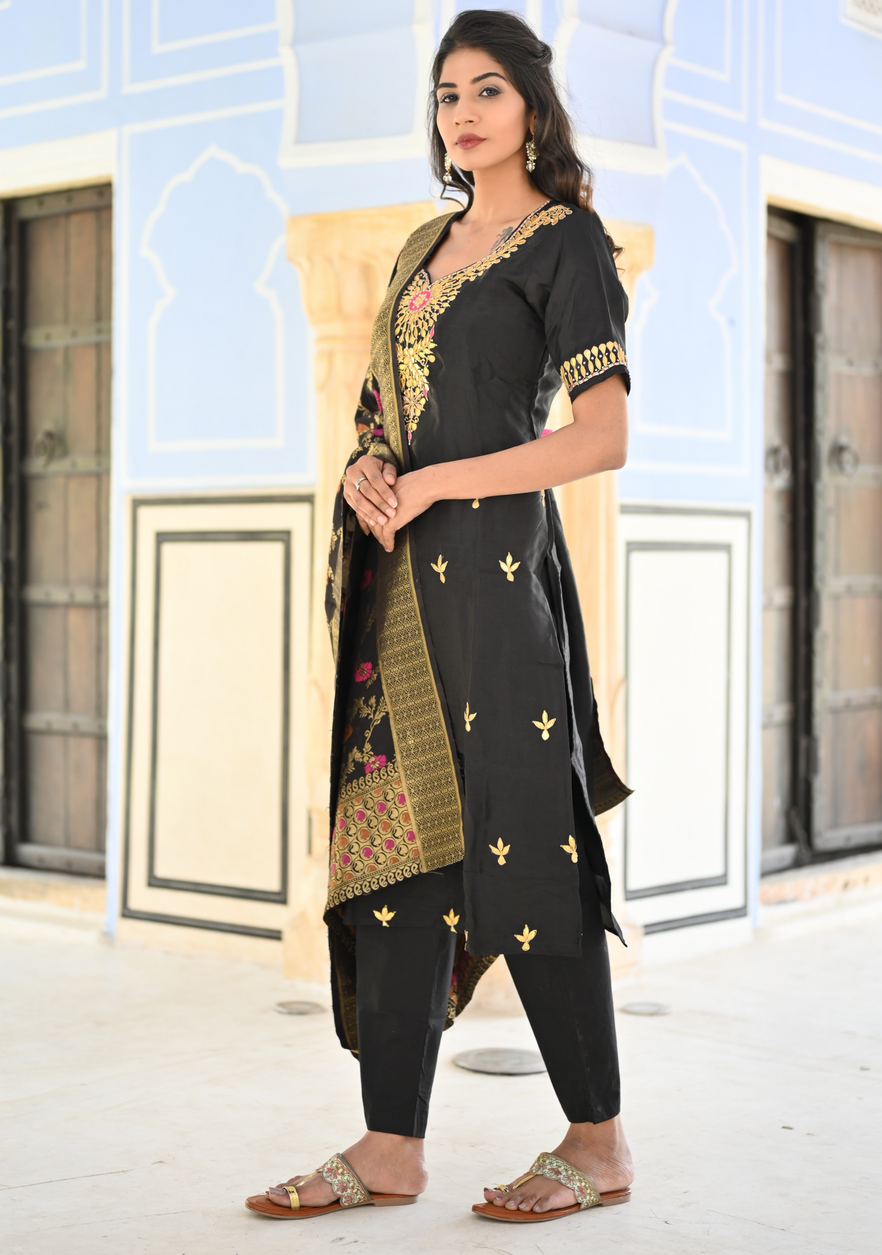 BLACK VELVET GOTAPATTI SILK SUIT SET