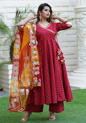 CHERRY MAROON HANDBLOCK GOTAPATTI ANARKALI SET