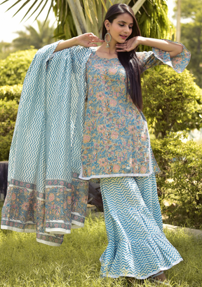 WATER BLUE HANDBLOCK SHARARA SET