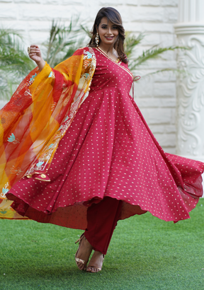 CHERRY MAROON HANDBLOCK GOTAPATTI ANARKALI SET