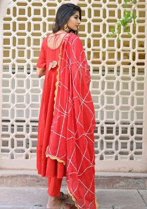 RED FEATHER EMBROIDERED ANARKALI SUIT SET